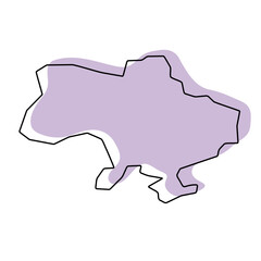 Poster - Ukraine country simplified map. Violet silhouette with thin black smooth contour outline isolated on white background. Simple vector icon