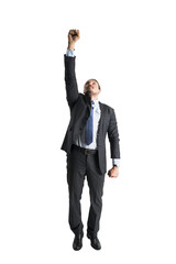 Poster - A businessman in a pose resembling a flying superhero, isolated on a white background, conveying power and determination