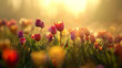 A rainbow of tulips dancing in a meadow, kissed by the morning mist.