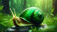Snail Crawling On Leaves In The Forest On A Rainy Day, Green Snail, Cartoon Snail, Background Image
