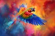 Ein Papagei fliegt durch buntes Pulver 