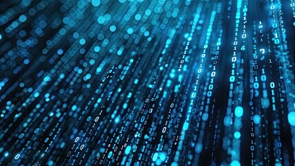 Dark wallpaper with blue and black binary code backdrop, data protection and cyber security concept.