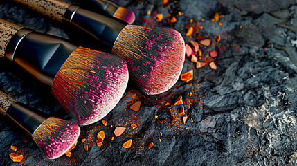 Wall Mural - Professional makeup brushes and cosmetics set against a sophisticated backdrop, highlighting beauty and glamour in cosmetic artistry