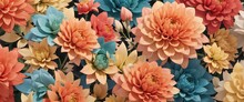 A Banner Background With Dahlias In Tones Of Coral, Teal, And Mustard Yellow 