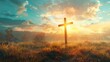 Glorious ascension day concept the cross on meadow autumn sunrise background