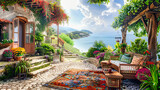 Fototapeta Londyn - Scenic landscape of a Mediterranean village, capturing the charm and beauty of summer travel destinations with vibrant colors and peaceful scenery