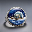 silver ring with blue snail in the sky and clouds motive