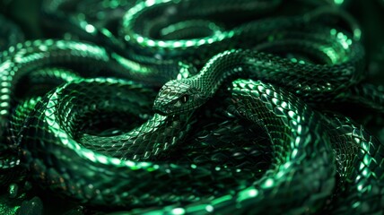 Body of green tree python Morelia viridis close-up. Portrait art. Snake skin, natural texture, abstract, graphic resources.