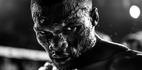 Fototapeta a black and white image of a boxer's face, bloodied but determined, staring intently at their opponent during a heated match. highlight the grit and resilience of athletes.