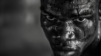 Fototapeta a black and white image of a boxer's face, bloodied but determined, staring intently at their opponent during a heated match. highlight the grit and resilience of athletes.