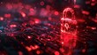 Red padlock icon on glowing data code is featured in digital background