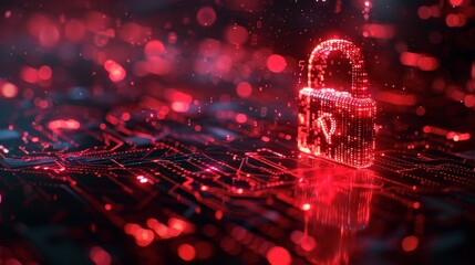 Wall Mural - Red padlock icon on glowing data code is featured in digital background