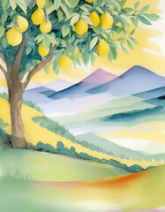 Wall Mural - a watercolour painting of a lime tree with lemons Ai generated