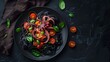 A plate of black pasta with octopus and tomato sauce, food photography