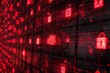 Abstract binary code numbers glowing in neon lights in red color and dark background with padlock of data breach or hacked