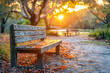 Serene autumn scene unfolds with a solitary bench basked in the warm glow of a setting sun, fallen leaves scattered around, inviting peaceful contemplation in a tranquil park setting. Copy space