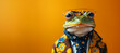 A frog wearing a yellow coat and tie giving it a human-like appearance. The image has a whimsical and playful mood. Wide banner with space for text. Stylish animal posing as supermodel