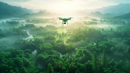  A drone flying over a digital green landscape, monitoring environmental changes and biodiversity.