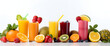 Set of fruit and vegetable and berries juice on white background ,Fresh fruit juices in glasses with straws on wooden table outdoors