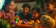 A group of giggling Latinx children film a stop-motion animation on a kitchen table, using colorful clay figures and vegetables as props. (playful, collaborative)