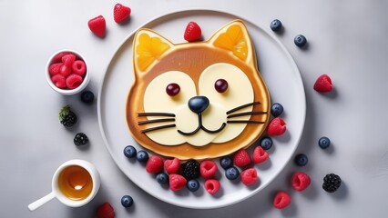 creative food concept - pancake in the shape of a cat with blueberries and strawberries. generative ai