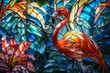 Vibrant stained glass showcase of a graceful flamingo, elegant and colorful