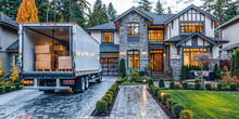 Open Moving Truck In Driveway Of Upscale Suburban House, Wide Banner