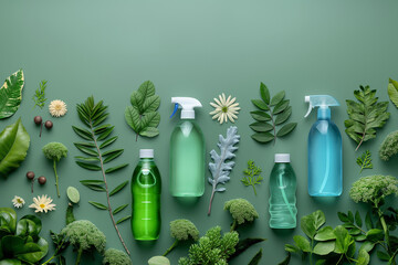 Green cleaning products with plants on a green background. Eco-friendly household cleaning concept.