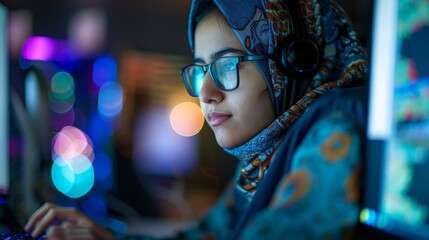 A Middle Eastern girl with coding glasses sits mesmerized in front of a computer screen, her fingers flying across the keyboard as she builds a video game. (determined, tech-savvy)