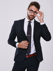 Wall Mural - Professional, businessman and studio with suit, glasses for vision on lawyer with eyewear and formal clothes. Corporate man person, portrait and confident, mockup or legal consultant on background