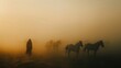 A photo capturing the silhouette of a person standing at the edge of a desert, watching a mirage-like vision of wild horses running, with the heat haze blurring the lines between reality and illusion.