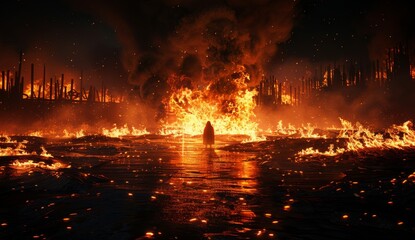 Wall Mural - A person stands in front of a fire, surrounded by flames and smoke