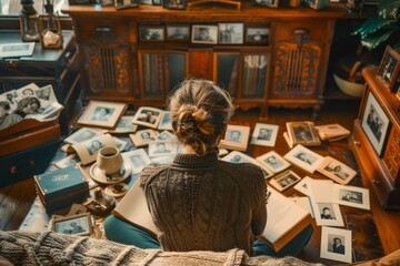 Vintage Photo Album Review by Woman in Cozy Home Office, Nostalgic Memories in Warm Interior Light