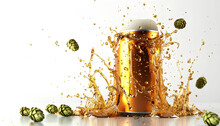 Beer Metal Golden Can With Beer Splash And Hop Cone Isolated On White Background