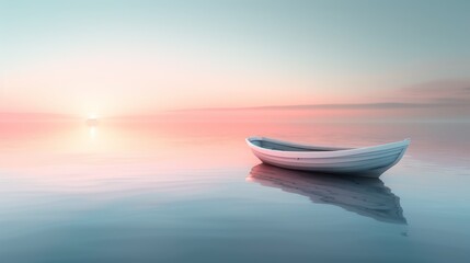 Wall Mural - A small blue boat sits in the middle of a calm lake