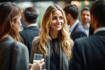 Wall Mural - A woman with blonde hair is smiling at the camera while holding a glass of beer