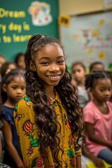 Wall Mural - A girl with long hair is smiling at the camera