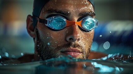 A man in a black swim cap and goggles is in the water