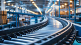Fototapeta Perspektywa 3d - Cardboard boxes on a conveyor belt inside a modern logistics warehouse, supply chain background
