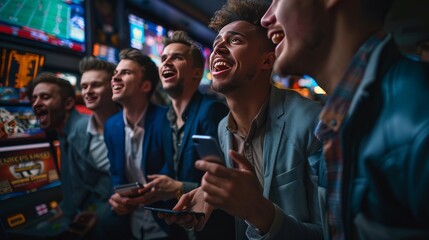 Wall Mural - A group of men are laughing and one of them is holding a cell phone