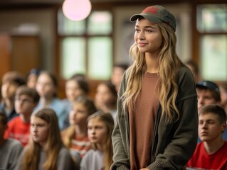 Wall Mural - A girl wearing a hat stands in front of a crowd of people