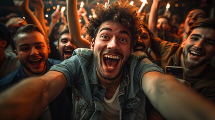 Wall Mural - A man is smiling and holding a cell phone while surrounded by a group of people