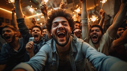 Wall Mural - A man is smiling and holding a cell phone while surrounded by a group of people