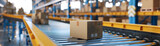 Fototapeta Perspektywa 3d - Cardboard boxes on a conveyor belt inside a modern logistics warehouse, supply chain background