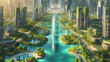 Ethereal Urban Symphony: Massive Skyscrapers Amidst Clear Blue Waters and Setting Sun in Futuristic Utopia.