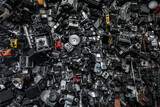 Fototapeta Natura - heap of old vintage film cameras and retro lenses, creative abstract photography and filmmaking background