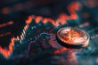 Macro view of a single coin on a fluctuating stock chart, illustrating the fragility of savings during a crisis , 3D render