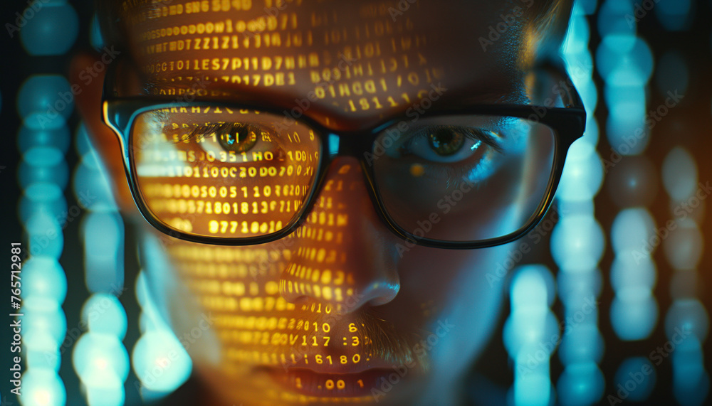 Portrait of a male programmer wearing glasses with binary code projected on his face. The concept of a programmer's work, coding, and technology.