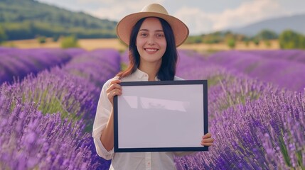 Poster - A woman is holding a white frame with a blank space in it