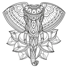 Wall Mural - Elephant head and lotus flower hand drawn for adult coloring book